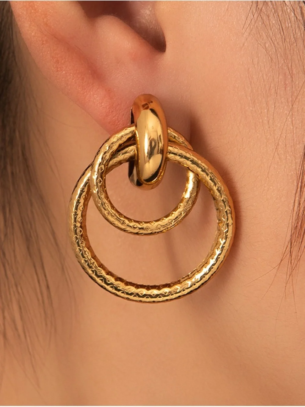 Stainless Steel Gold Double Hoop Drop Earrings - Elegant Women Jewelry